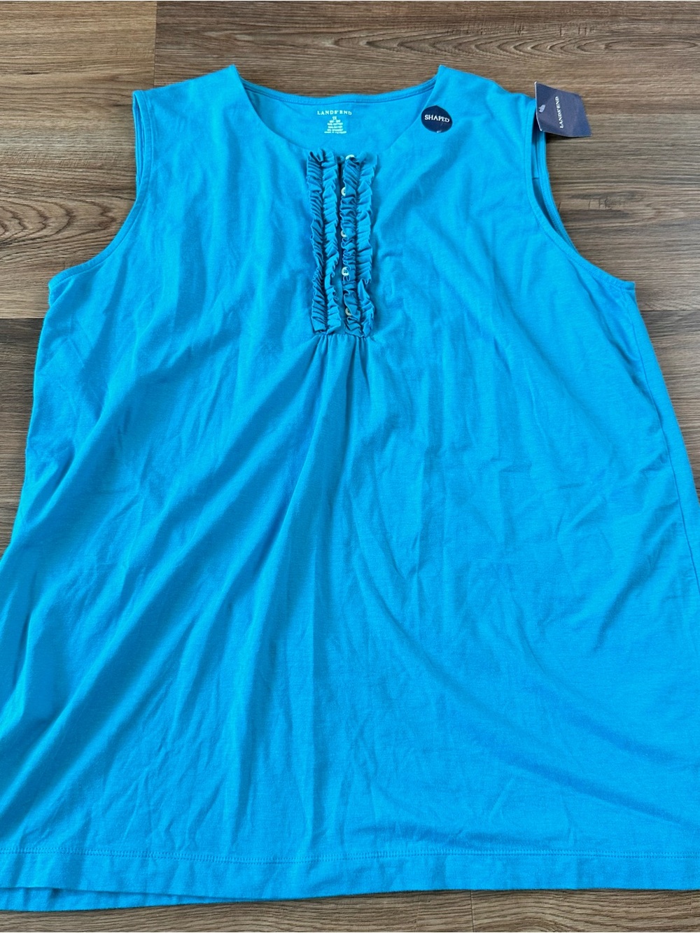 Lands End Sleeveless Knit Tank Top Ruffle Button Placket Teal 1X Stretch 16W